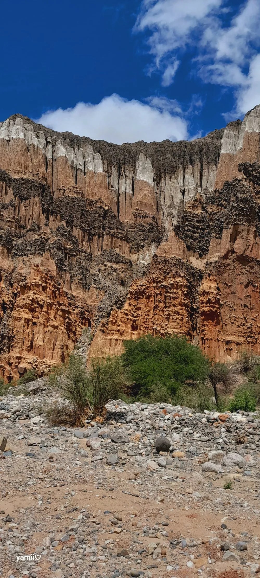 Una pared alta de roca rojiza con vetas, vista desde el cauce seco de la quebrada