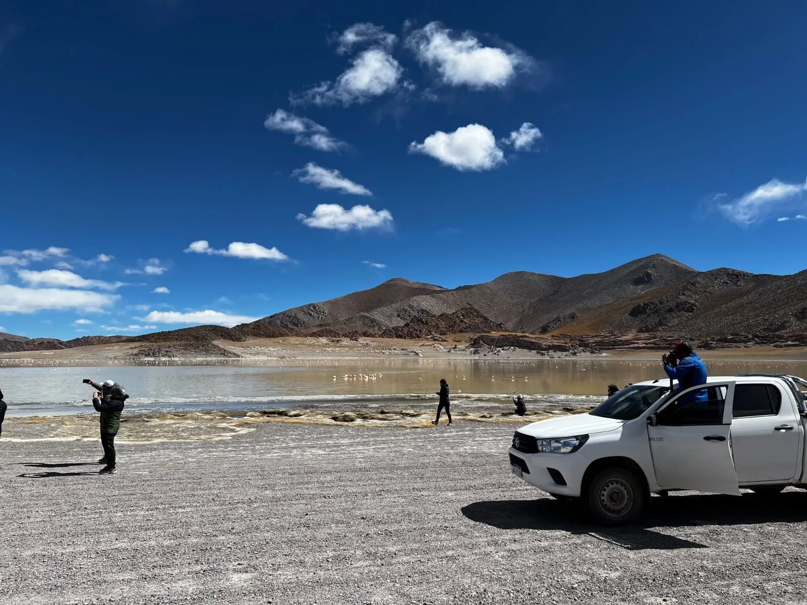 Camioneta 4x4 junto a una laguna de la puna, con cerros y cielo azul al fondo