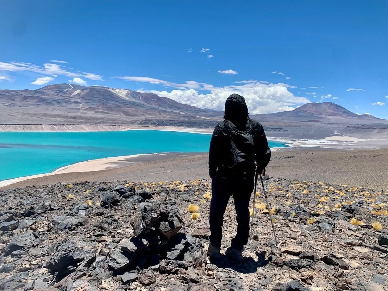 Una persona de espaldas mira una laguna turquesa desde un mirador de roca negra, con cerros al fondo