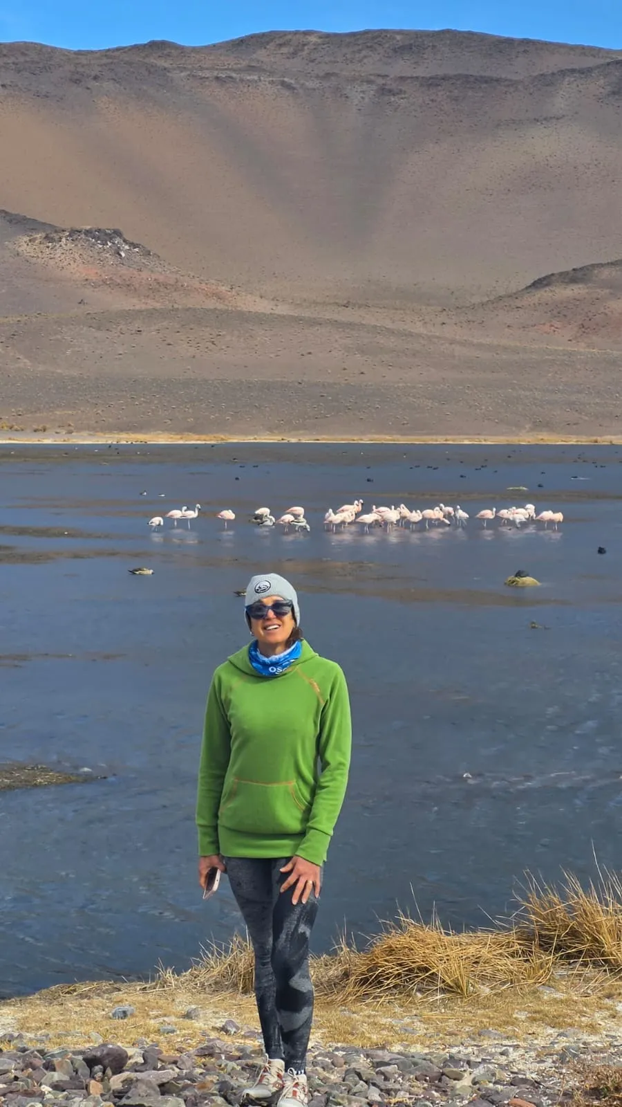 Una viajera frente a una laguna con flamencos al fondo